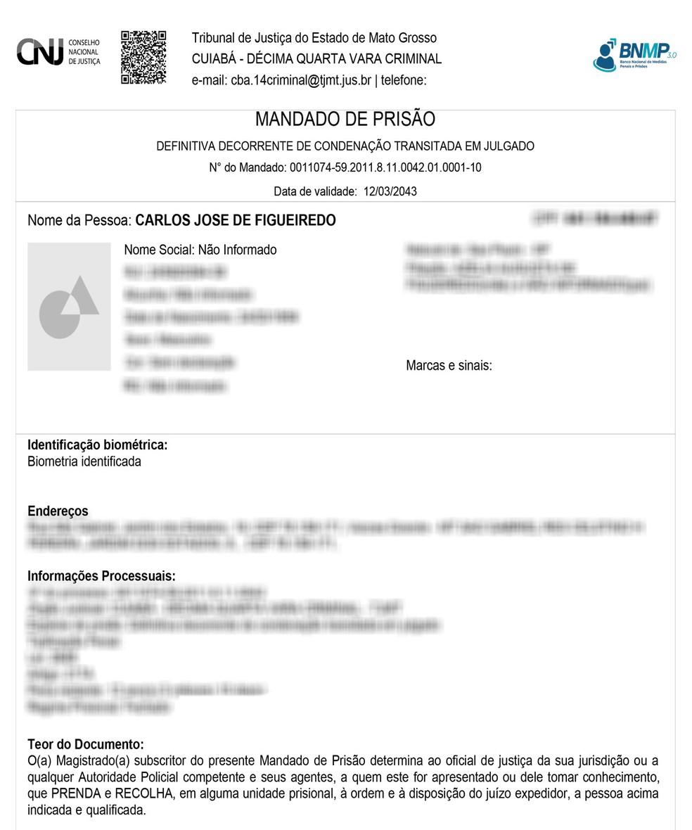 Mandado de prisão expedido contra Carlos Jose de Figueiredo no BNMP. — Foto: Arte g1