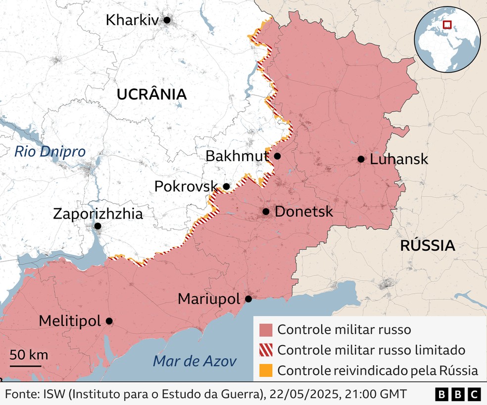 Mapa mostra disputa pelo território da Ucrânia — Foto: BBC