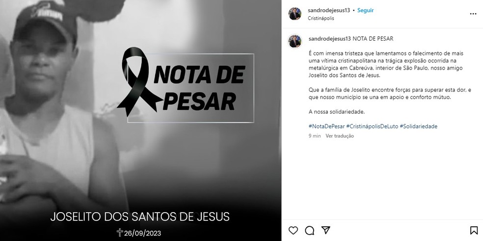 Prefeito de Cristinápolis (SE) lamentou a morte de Joselito — Foto: Reprodução/Instagram