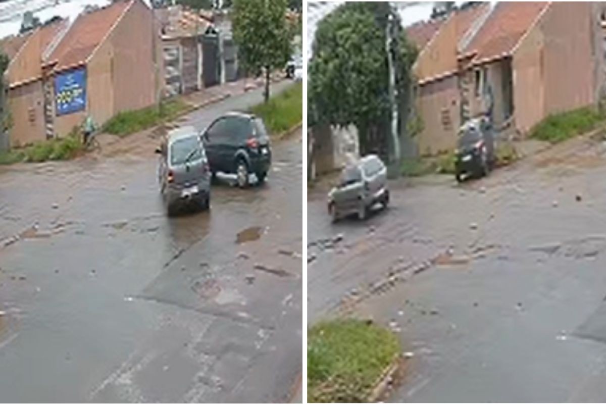 Motorista fura sinal, causa batida e faz carro derrubar muro de casa em Campo Grande