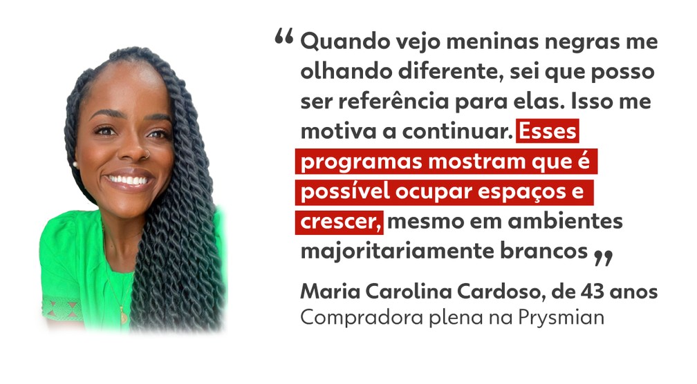 Maria Carolina Cardoso, compradora plena na Prysmian, sobre os programas de diversidade. — Foto: Arte g1