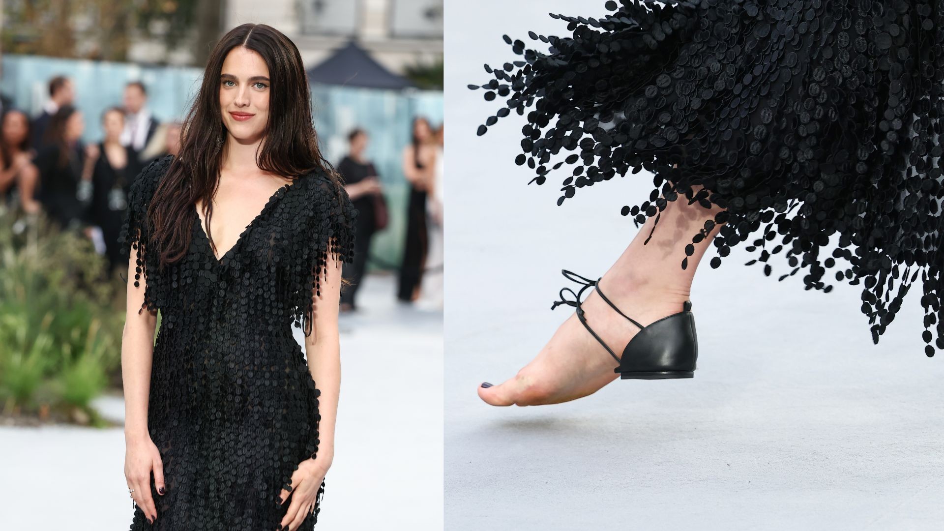 Margaret Qualley usa sapato inusitado em evento; modelo é apelidado de 'sandália descalça'