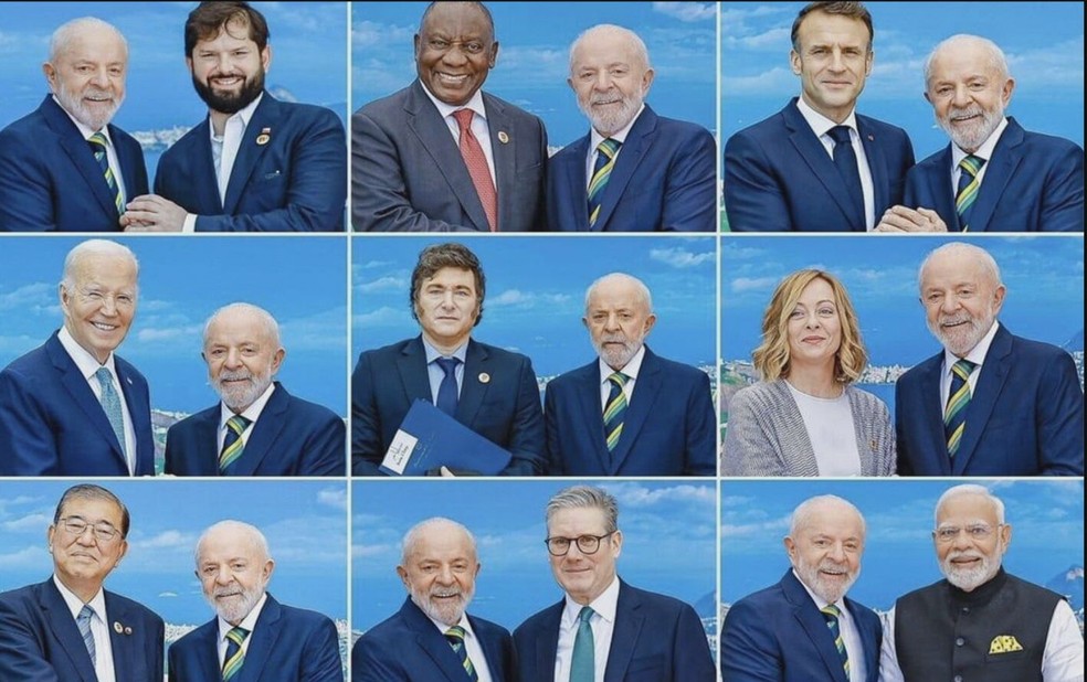 Foto de Lula com vários chefes de estado que participam da cúpula do G20 no Rio — Foto: Ricardo Stuckert/Divulgação