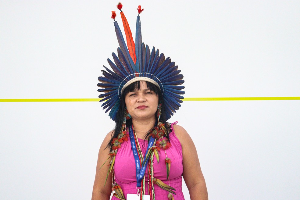 Liderança indígena no Pará, Auricélia Arapiun participa da COP 28, em Dubai. — Foto: Pepyaká Krikati