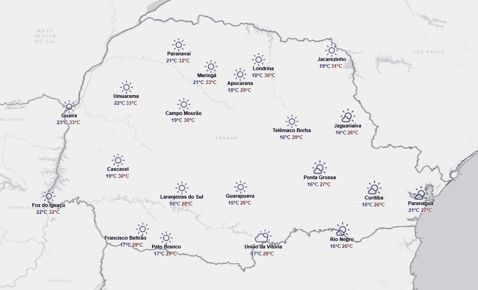 Previsão para domingo, 25 de janeiro — Foto: Reprodução/Simepar