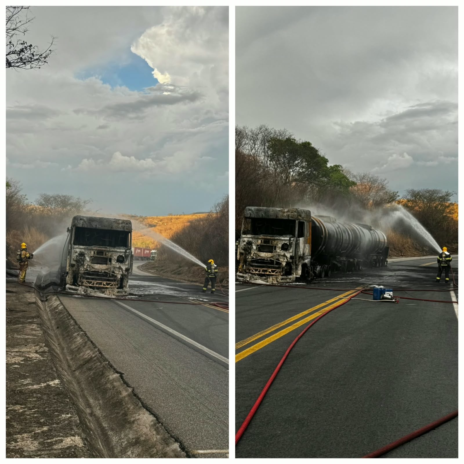 BR-251 tem trânsito parcialmente liberado após carreta com diesel pegar fogo 