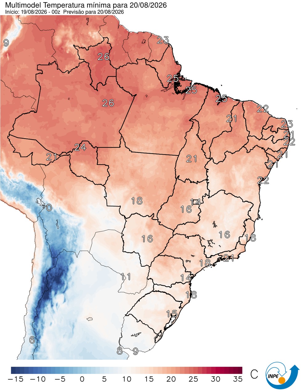 Temperaturas mínimas previstas para esta quinta em todo o Brasil. — Foto: CPTEC/Inpe