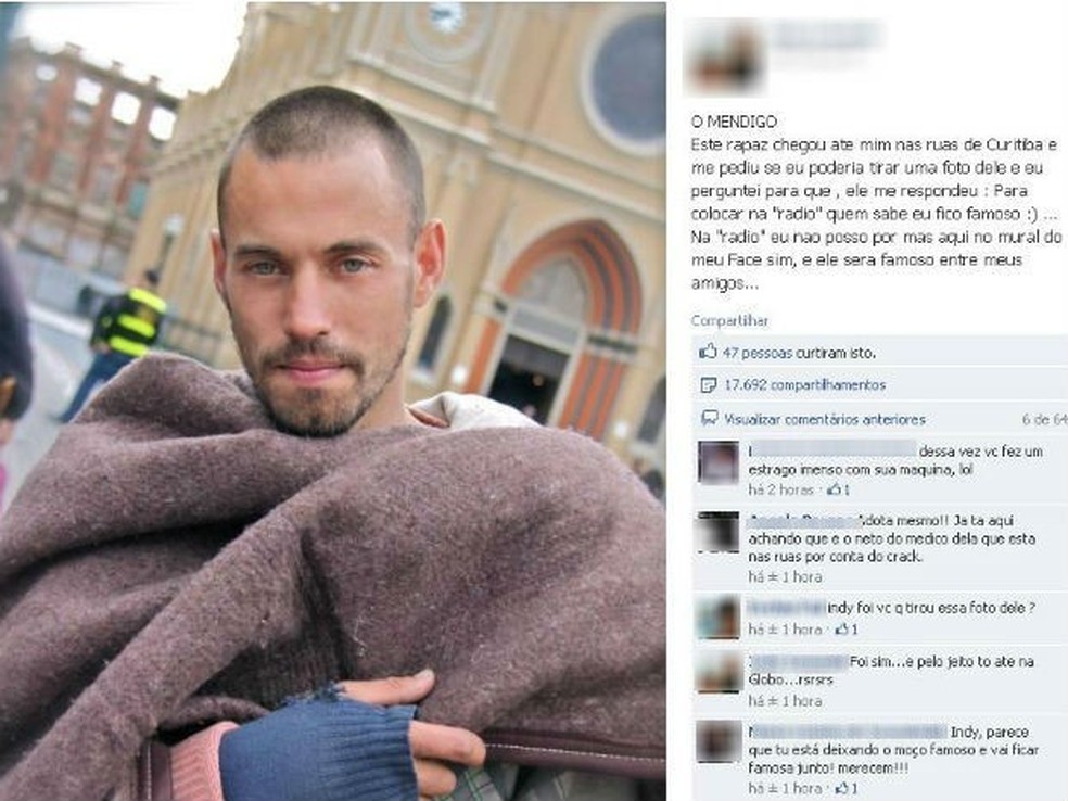 Rafael morou na rua por cerca de um ano, até foto deixá-lo famoso — Foto: Reprodução/Facebook