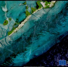 Os corais do Arquipélago Florida Keys, nos EUA, sofreram um embranquecimento devido ao aumento da temperatura da água do mar, em 9 de julho. — Foto: Reprodução/European Union, Copernicus Sentinel-2 imagery