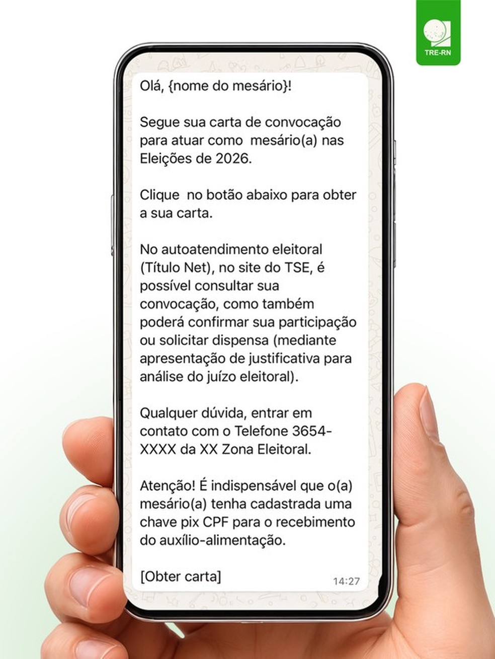 Mensagem padr&atilde;o do TRE-RN enviada para o mes&aacute;rio &mdash; Foto: Divulga&ccedil;&atilde;o/TRE-RN