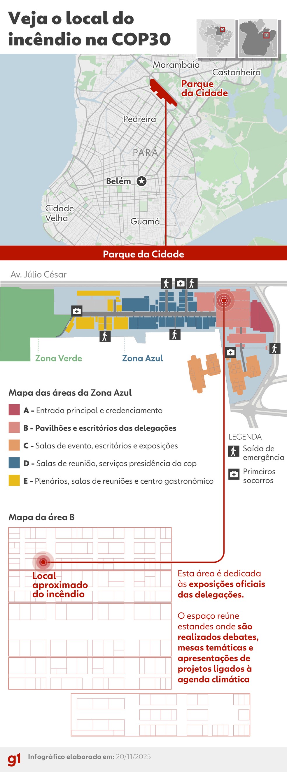 Veja local do incêndio na COP30 — Foto: Kayan Albertin/Arte g1