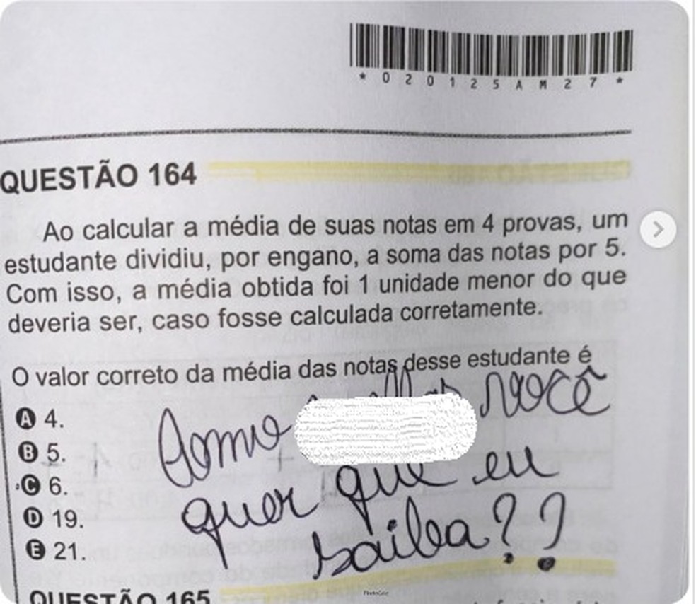 Candidata posta 'revolta' com a questão da média — Foto: Reprodução/Redes sociais