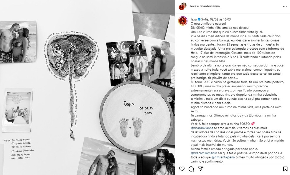 Relato de Lexa sobre perda da filha Sofia — Foto: Reprodução/Instagram