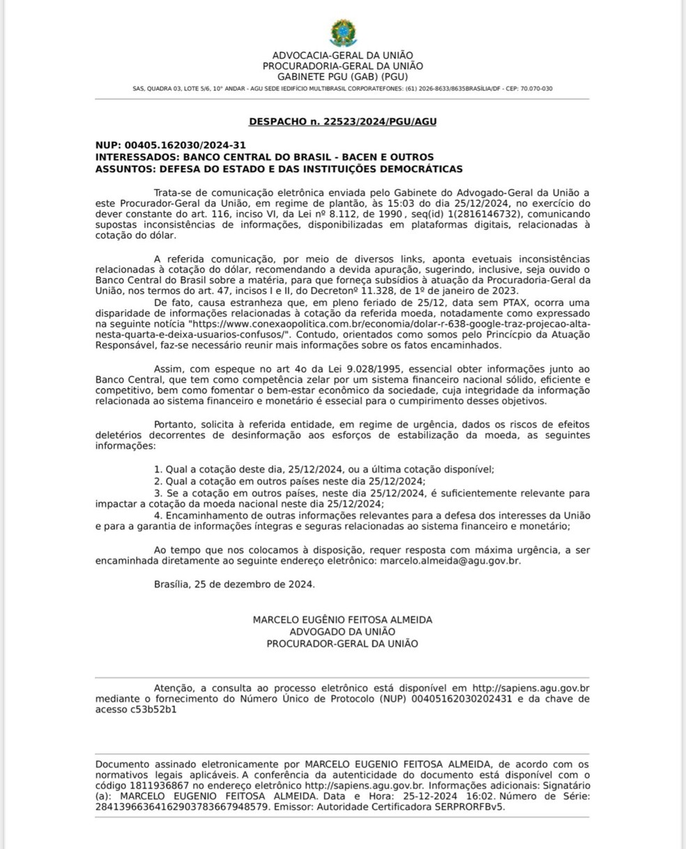 Despacho da AGU questiona coração do dólar em dia de mercado fechado.  — Foto: Reprodução