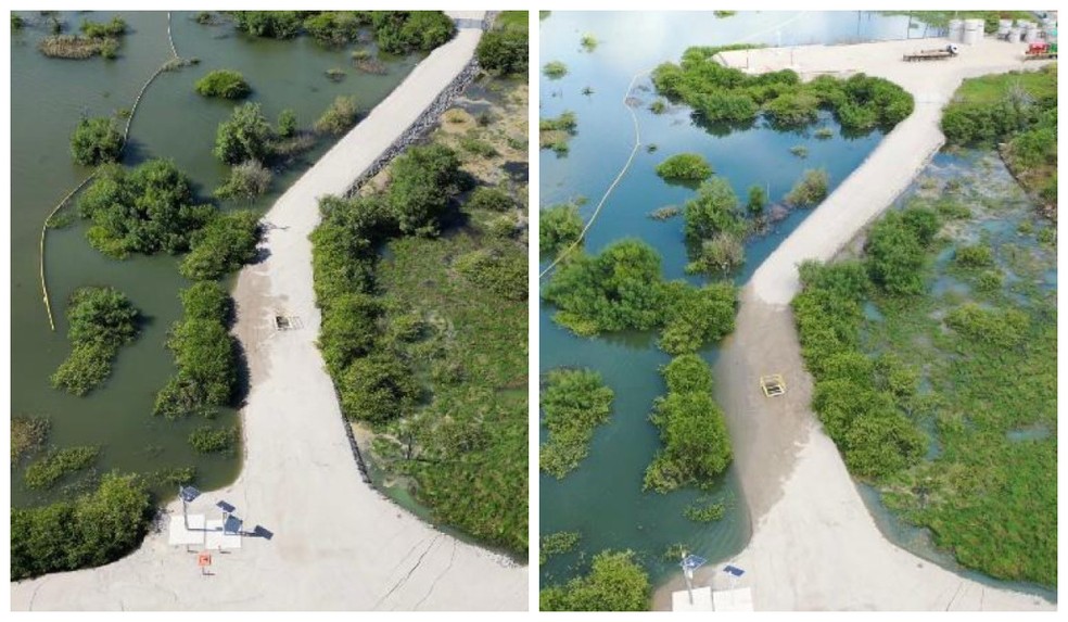 Imagens mostram o comparatvo do avanoço da Lagoa Mundaú na região onde há grande risco de colapso em Maceió — Foto: Defesa Civil de Alagoas