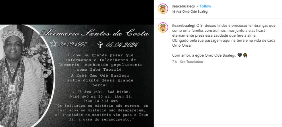 Terreiro Ilê Axé Omó Odé Bualegi postou nota de pesar da morte do babalorixá Ademário Costa — Foto: Reprodução/TV Bahia