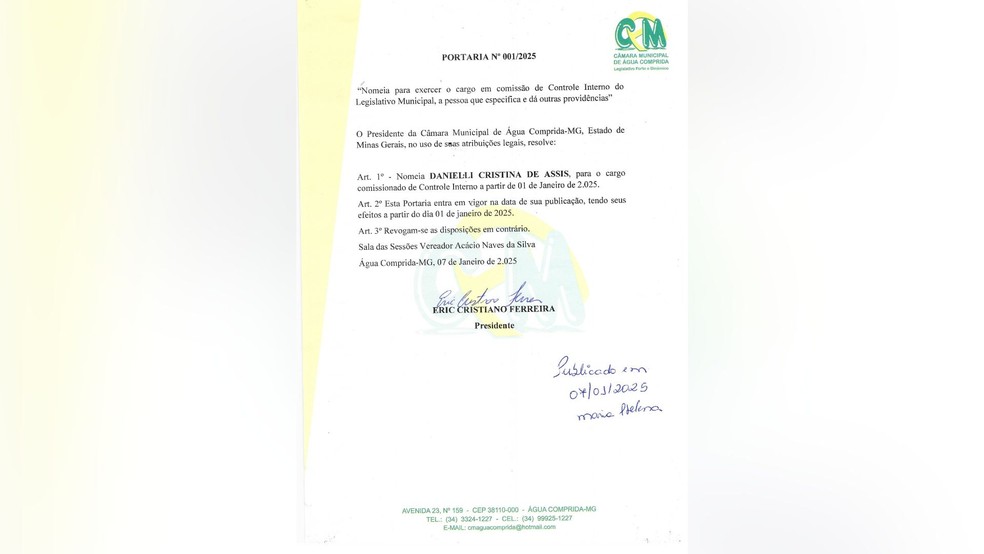 Portaria com a nomeação da servidora para cargo comissionado em janeiro — Foto: Reprodução Câmara de Água Comprida