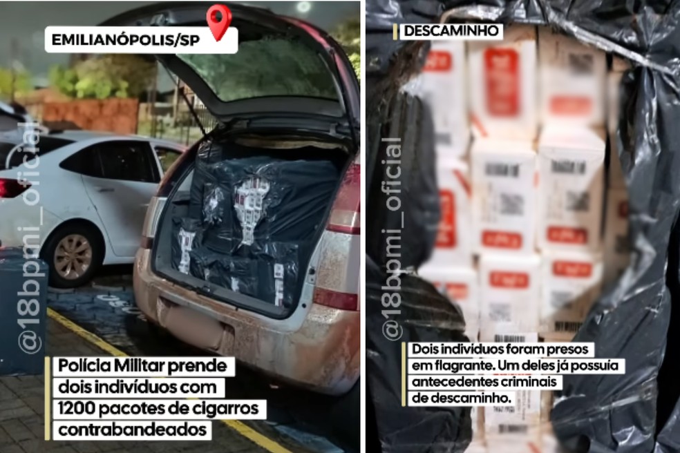 Dois suspeitos são presos por contrabando em Emilianópolis (SP) — Foto: Reprodução/Polícia Militar