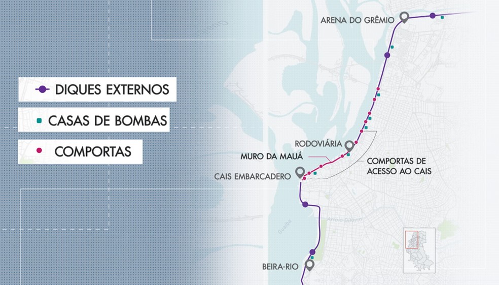 Localização do sistema de contenção do Guaíba em Porto Alegre — Foto: RBS TV/Reprodução