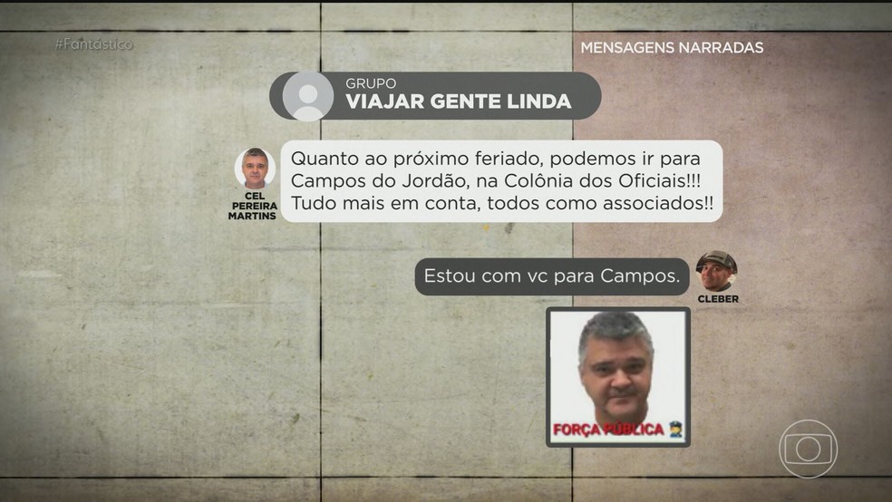 Em mensagem, coronel convida participantes para uma estadia na colônia de férias de oficiais da PM — Foto: Reprodução/TV Globo
