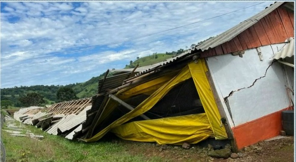 Chiqueiro em Nova Itaberaba, no Oeste, é completamente destruído após vendaval — Foto: NSC TV/Reprodução