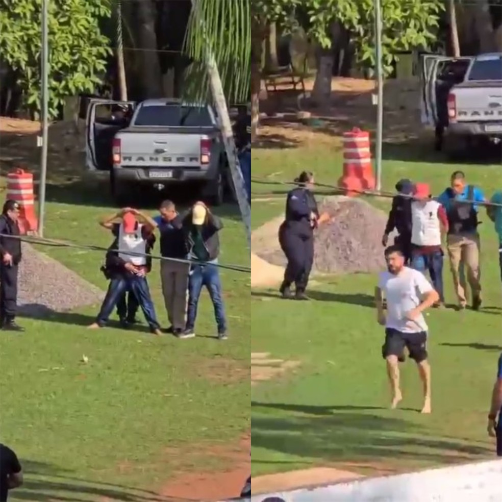 Suspeitos sendo detidos à esquerda e deputado correndo após ser liberado à direita — Foto: Reprodução