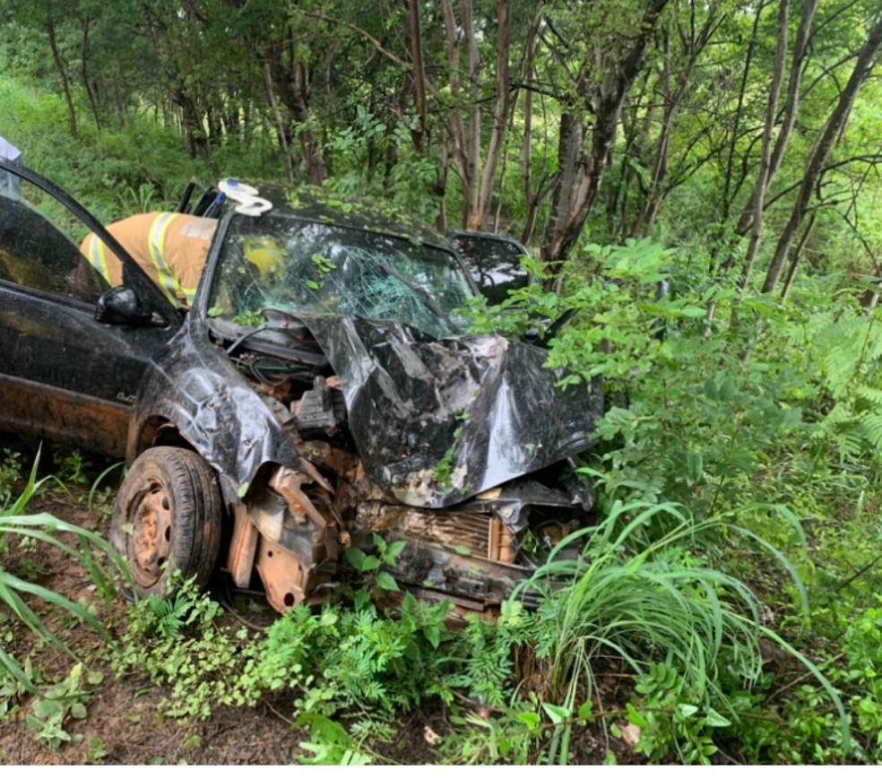 Carro bateu em árvores às margens da rodovia — Foto: Corpo de Bombeiros