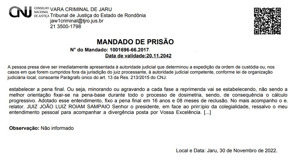 Ordem de prisão emitida contra comerciante de Jaru — Foto: Reprodução