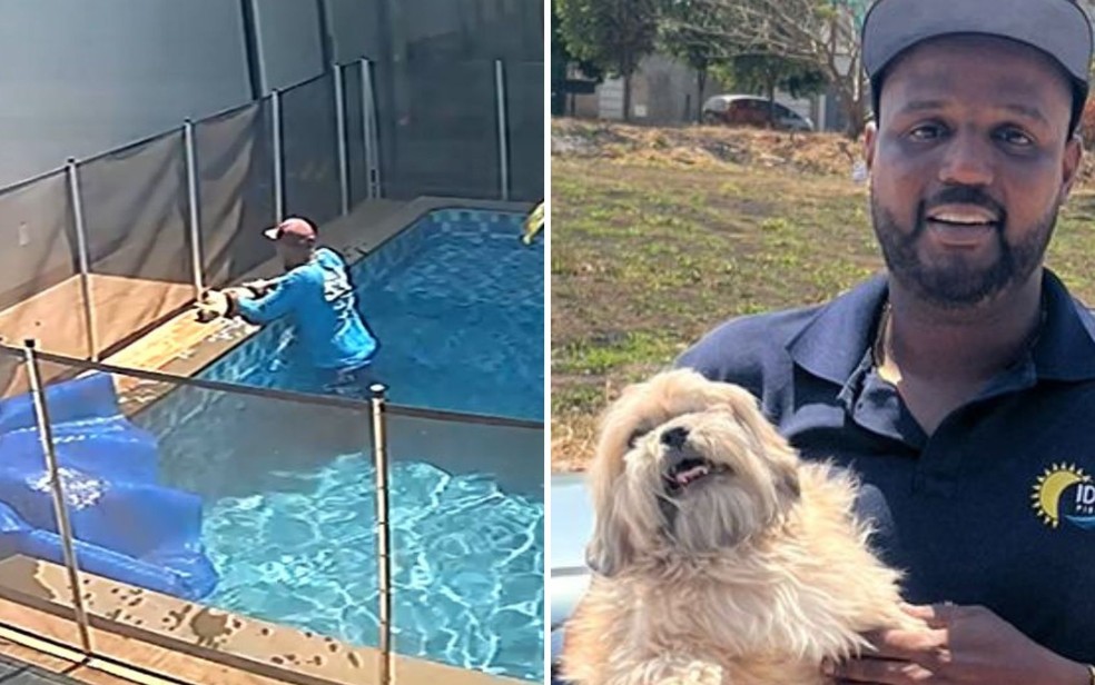 Vinicius, piscineiro que salvou Choquito do afogamento, ao lado do cachorro já recuperado em Goiânia — Foto: Reprodução câmera de segurança/Arquivo pessoal Vinicius Orlando