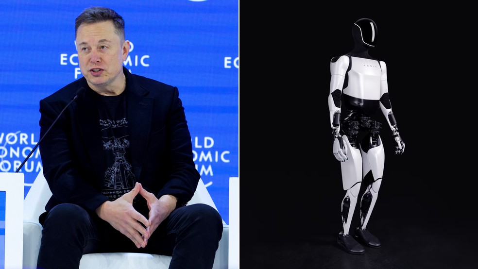 Elon Musk e robô Tesla Optimus — Foto: Reuters/Denis Balibouse; Divulgação/Tesla