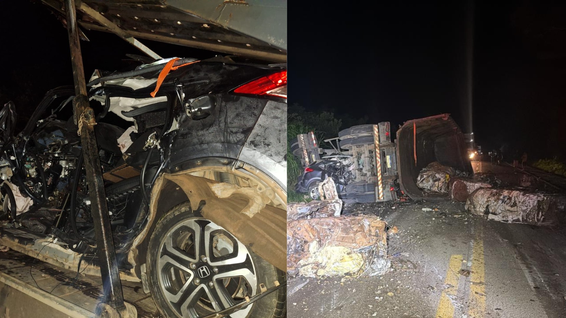 Carreta tomba, atinge carro e mulher morre em acidente na MG-050 