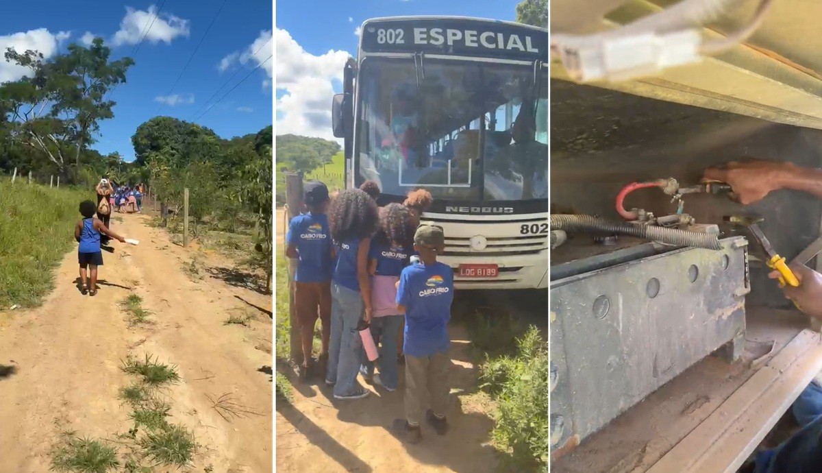Crianças andam a pé em estrada de terra após ônibus escolar quebrar em zona rural de Cabo Frio