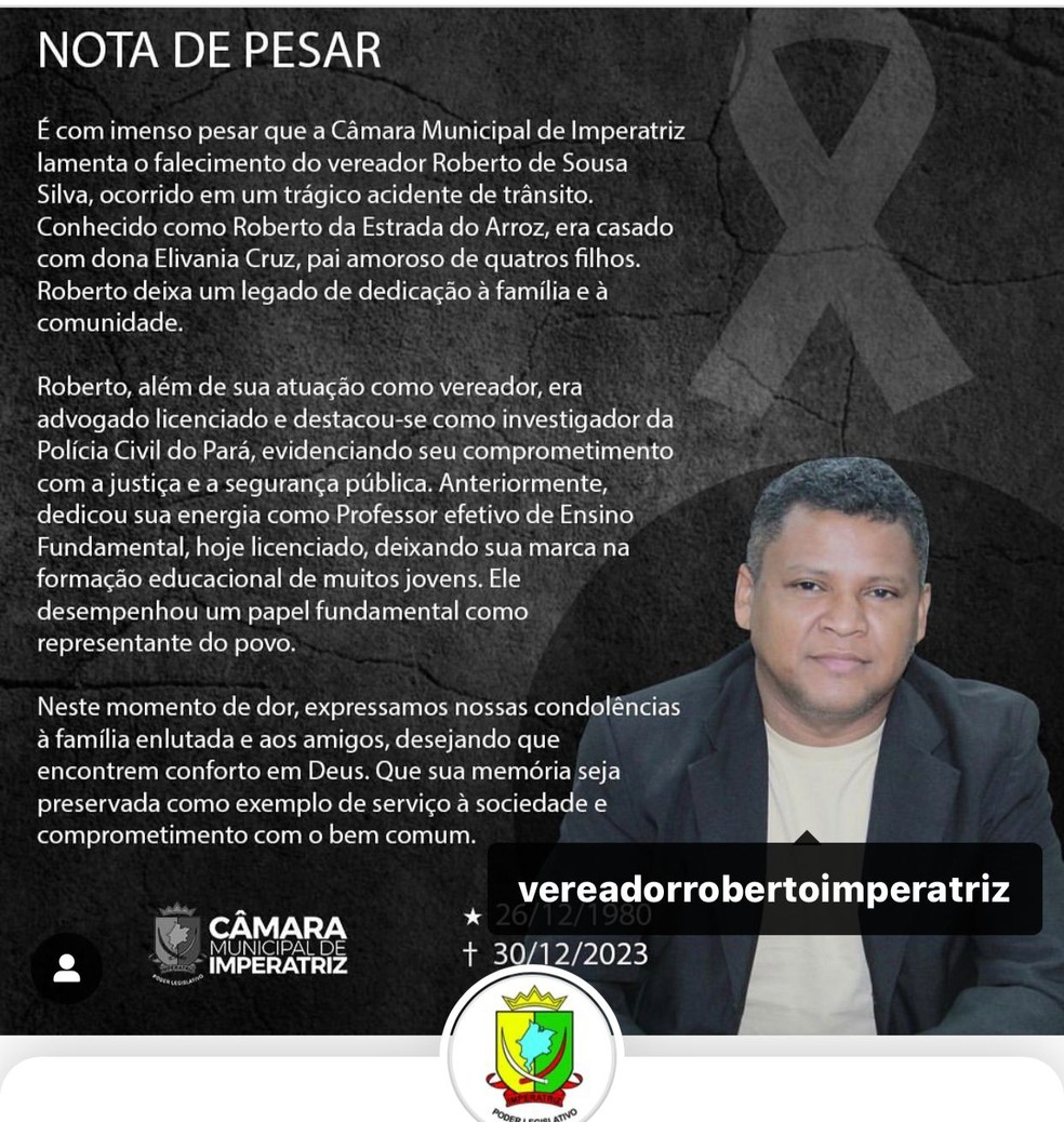 Nota de pesar da Câmara Municipal de Imperatriz pela morte do ex-vereador Roberto da Estrada do Arroz. — Foto: Divulgação