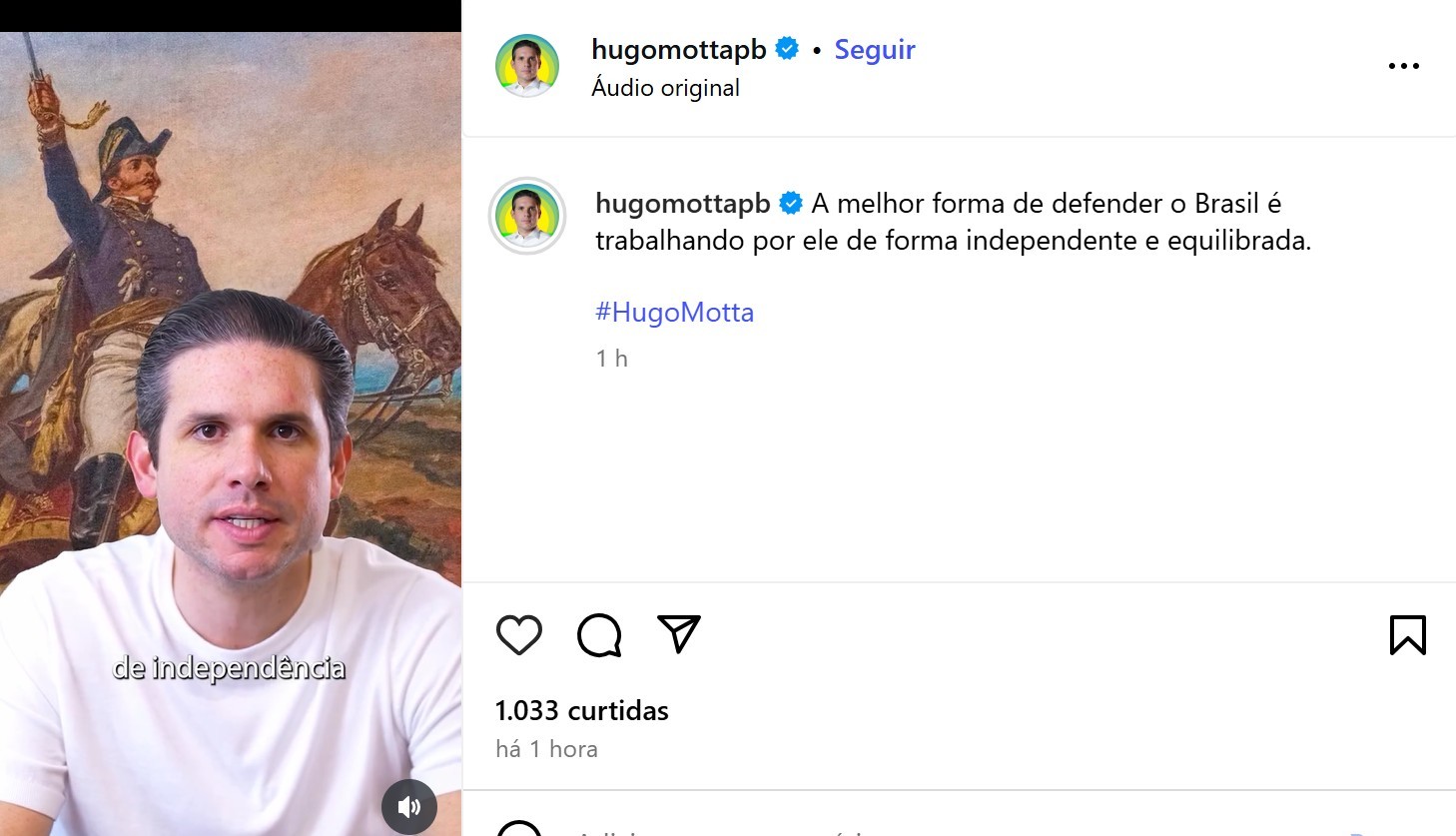 Hugo Motta defende equilíbrio e pacificação em publicação nas redes sociais sobre 7 de Setembro