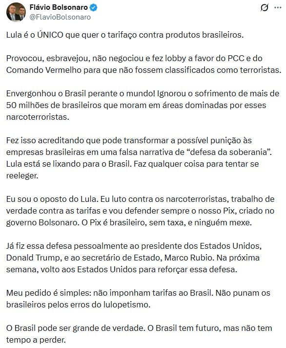 'Lula é o único que quer o tarifaço', responde Flávio após presidente atribuir à família Bolsonaro nova taxa dos EUA