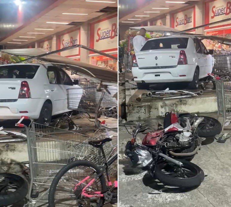 Carro invade estacionamento de supermercado, quebra proteção e quase atravessa muro em Campos