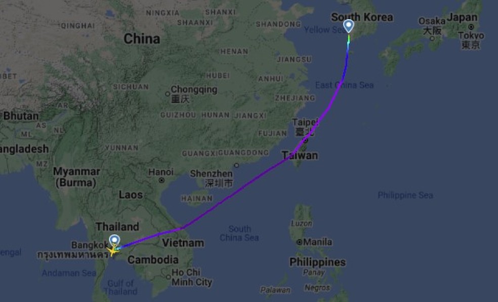 Trajeto do voo Jeju Air 2216, de Bangkok para Muan, na Coreia do Sul — Foto: Reprodução/FlightRadar24