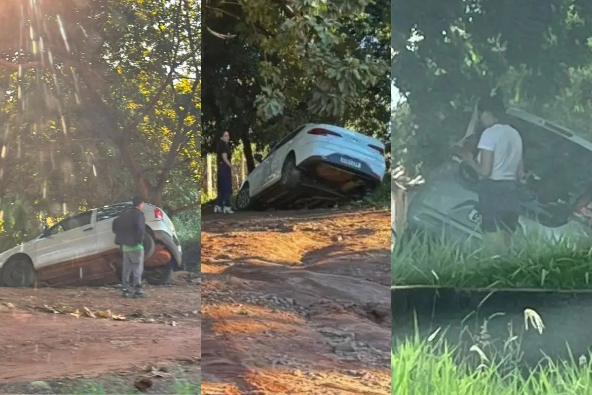 Vala 'engole' carros em trecho de antigo trilho de trem e surpreende motoristas em Campo Grande