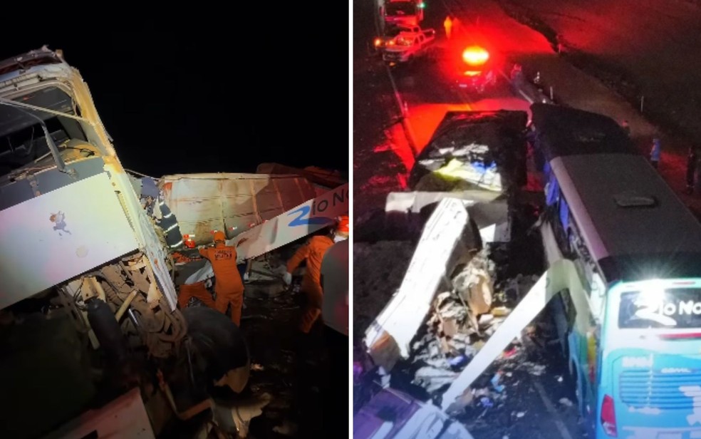 Duas pessoas de Goiás morreram em acidente entre ônibus e caminhão em Mato Grosso — Foto: Divulgação/Corpo de Bombeiros e Politec