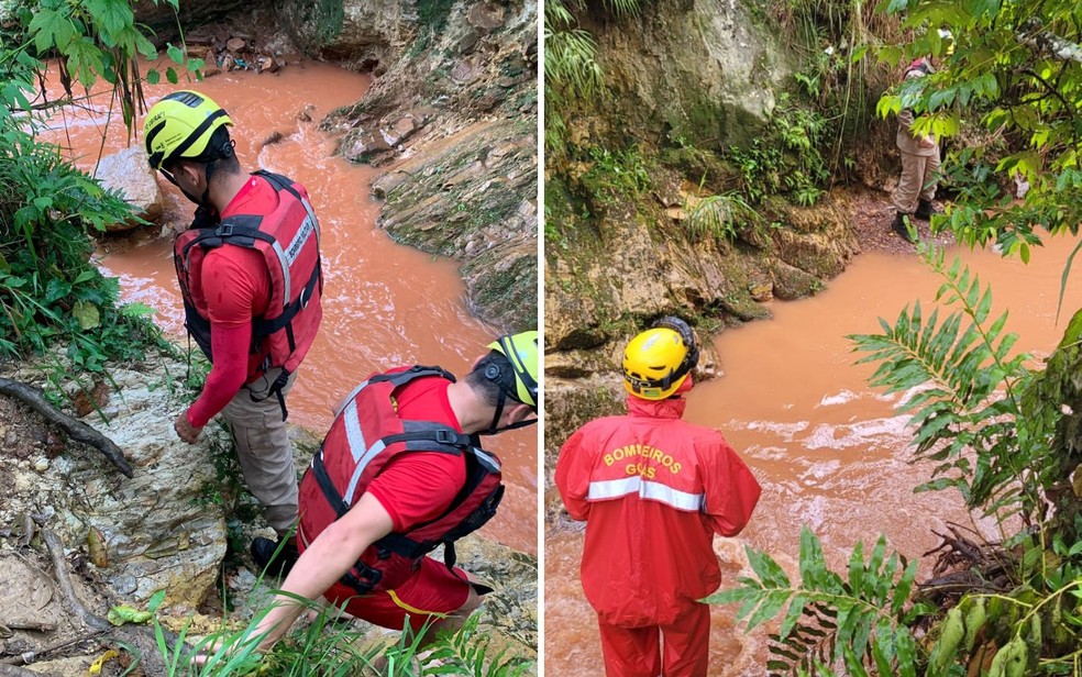 Turista fica ilhado após grupo de amigos ser surpreendido por cabeça d'água em cachoeira - Goiás — Foto: Reprodução/TV Anhanguera