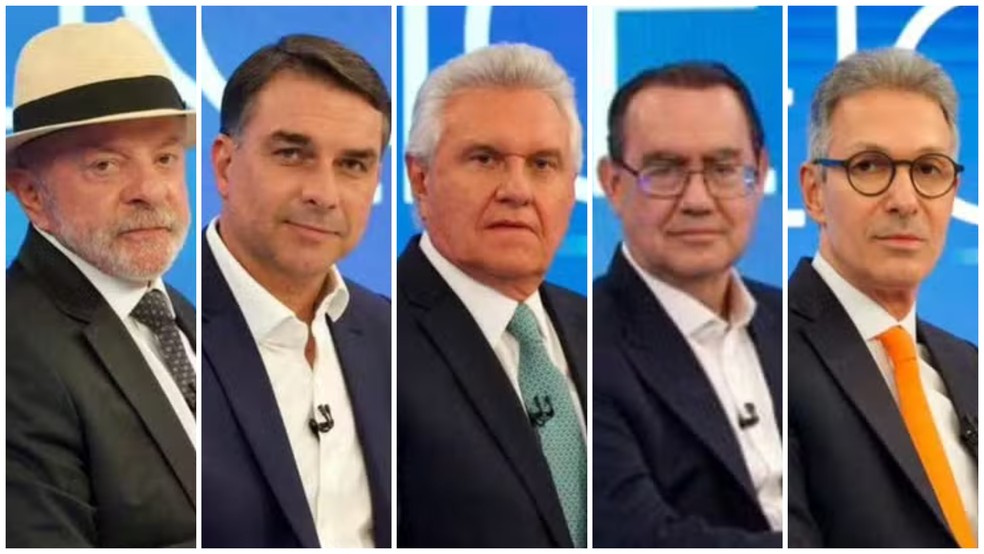 Montagem com fotos dos candidatos à Presidência: Lula (PT), Flávio Bolsonaro (PL), Ronaldo Caiado (PSD), Augusto Cury (Avante) e Romeu Zema (Novo) — Foto: Globo