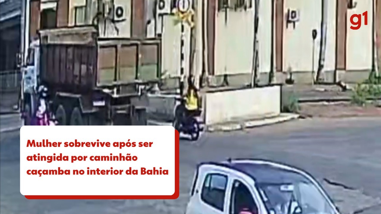 Motociclista levanta sem ferimentos após ser atingida por caminhão na Bahia; vídeo mostra momento do atropelamento