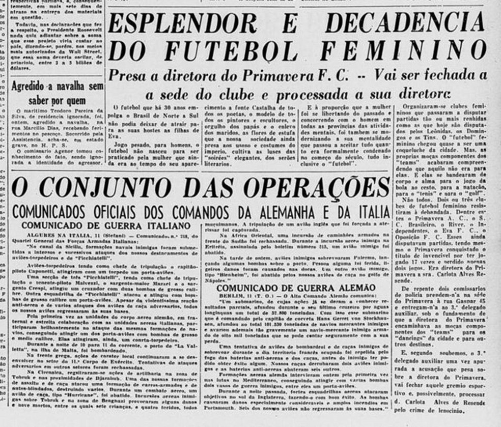 Matéria de 1941 no jornal 'A Batalha' sobre prisão de diretora de time de futebol feminino — Foto: ACERVO DA FUNDAÇÃO BIBLIOTECA NACIONAL – BRASIL