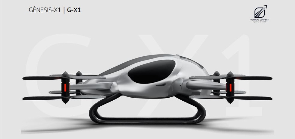 O carro voador Gênesis-X1 terá capacidade para duas pessoas e tempo máximo de uma hora de voo — Foto: Vertical Connect/Reprodução