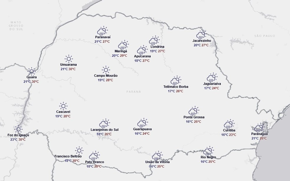 Previsão do tempo do Simepar para quinta (12) — Foto: Reprodução/Simepar