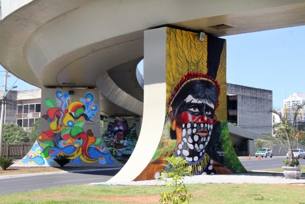 Artistas regionais pintaram temas cuibanos em colunas de viaduto — Foto: Luiz Alves/Prefeitura de Cuiabá