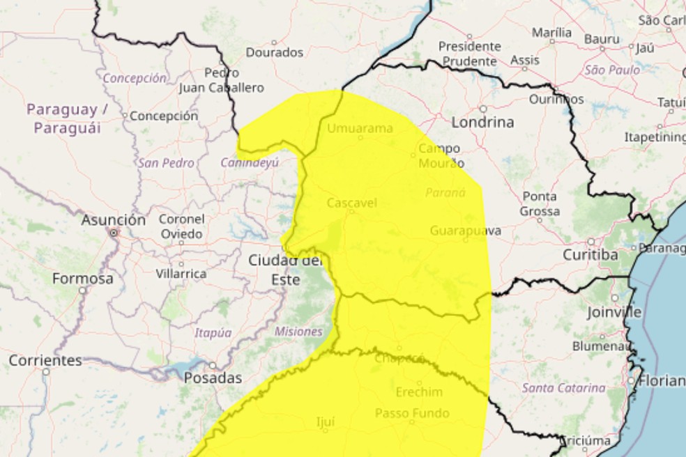 Inmet emitiu alerta de perigo potencial de tempestade para 199 cidades do Paraná. — Foto: Inmet
