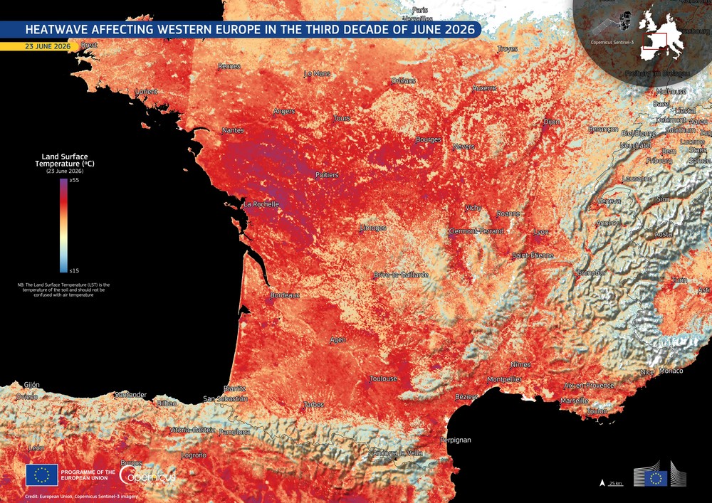 Satélites registram temperaturas acima de 50 °C no solo de regiões da França e Espanha