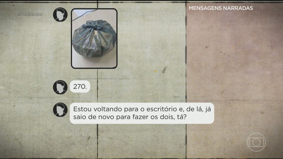 Suspeito informa sobre foto de uma sacola com dinheiro e valor de R$ 270 mil — Foto: Reprodução/TV Globo