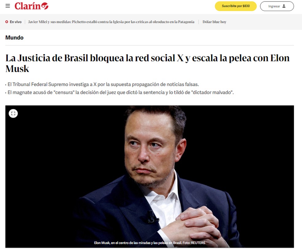 Reportagem do jornal Clarín, da Argentina, sobre a ordem do bloqueio da rede social X no Brasil pelo ministro do STF Alexandre de Moraes em 30 de agosto de 2024. — Foto: Reprodução/Clarín